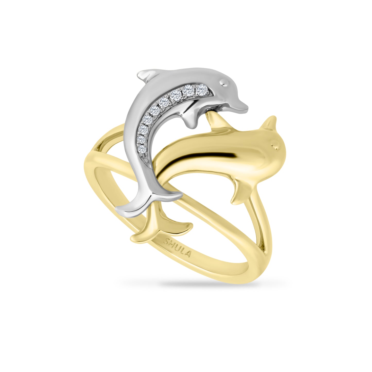 14K TWO TONE DOLPHIN RING WITH 9 DIAMONDS, 0.05CT, 15MM WIDTH & 18MM HEIGHT