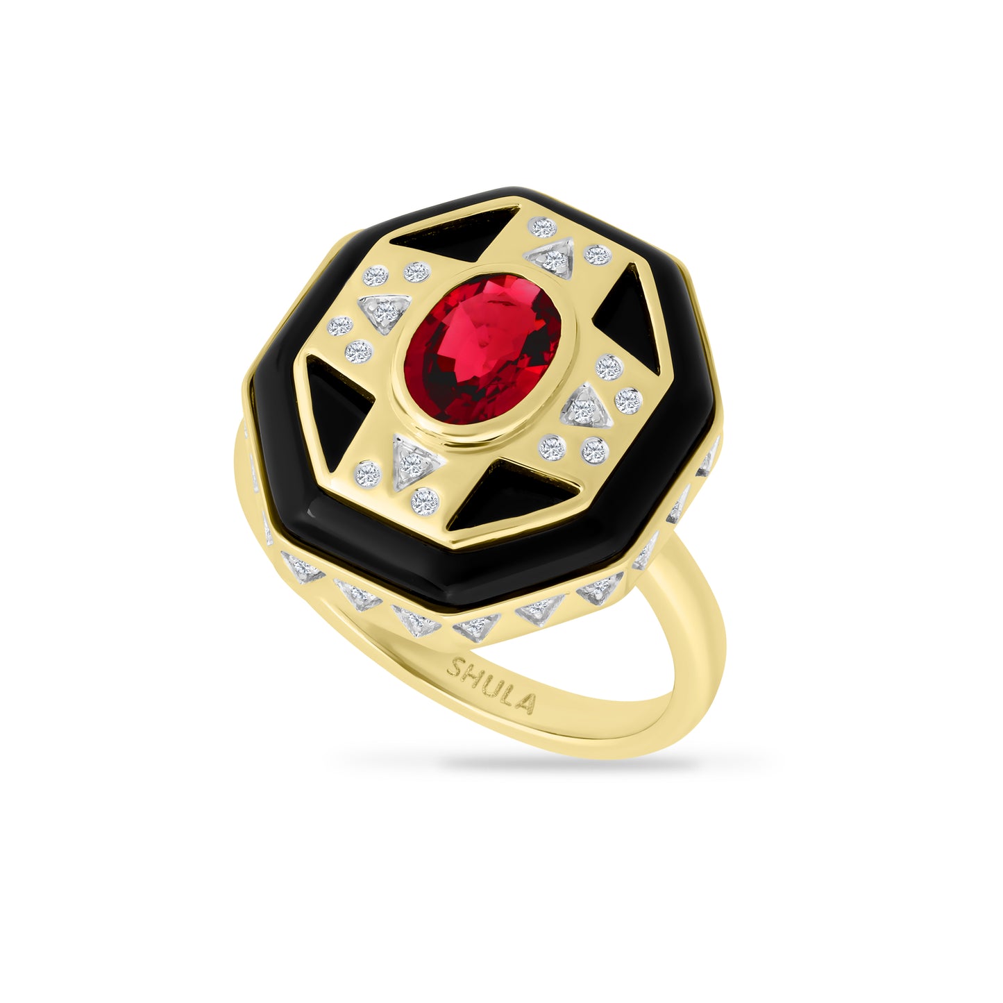 14K RING WITH 16 DIAMONDS 0.06CT, 1 PINK TOURMALINE 0.90CT & 1BLACK ONYX 1.00CT