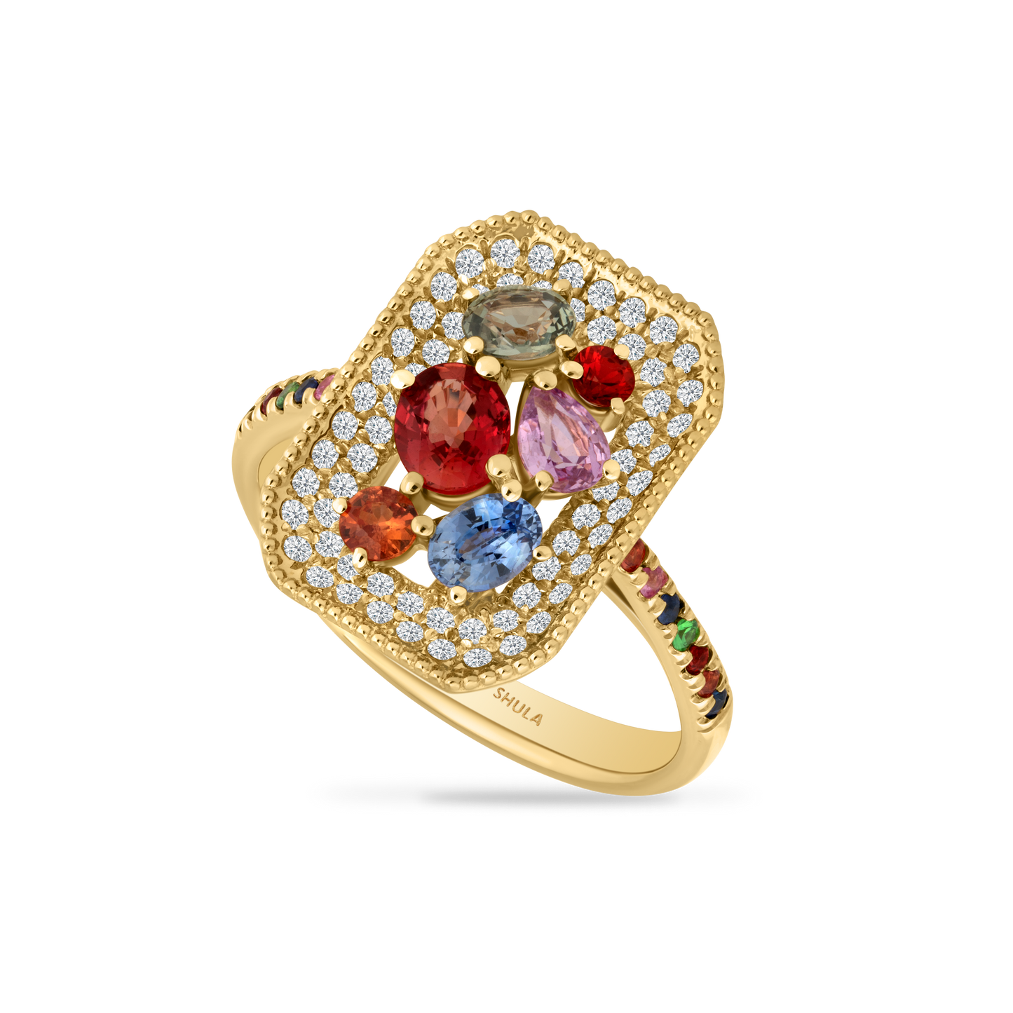 14K RING WITH 64 DIAMONDS 0.28CT, 18 FANCY COLOR SAPPHIRES 1.22CT & 2 GREEN GARNETS 0.04CT