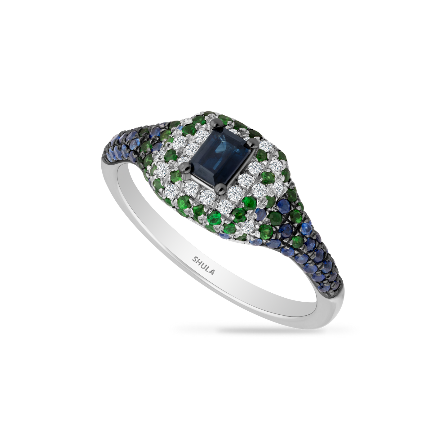 14K RING WITH 22 DIAMONDS 0.11CT, 46 ROUND SAPPHIRES 0.27CT, 1 SQUARE EMERALD 0.31CT AND 48 GREEN GARNETS 0.29CT