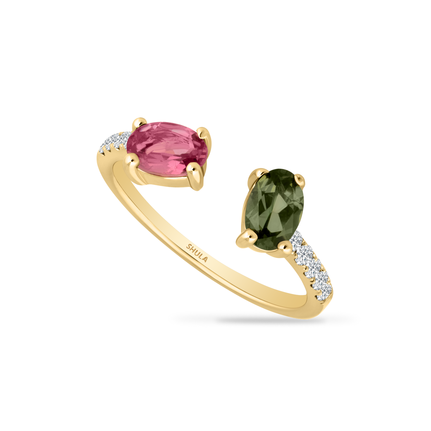 14K OPEN RING WITH 9 DIAMONDS 0.16CT & 2 OVAL TOURMALINES 0.80CT