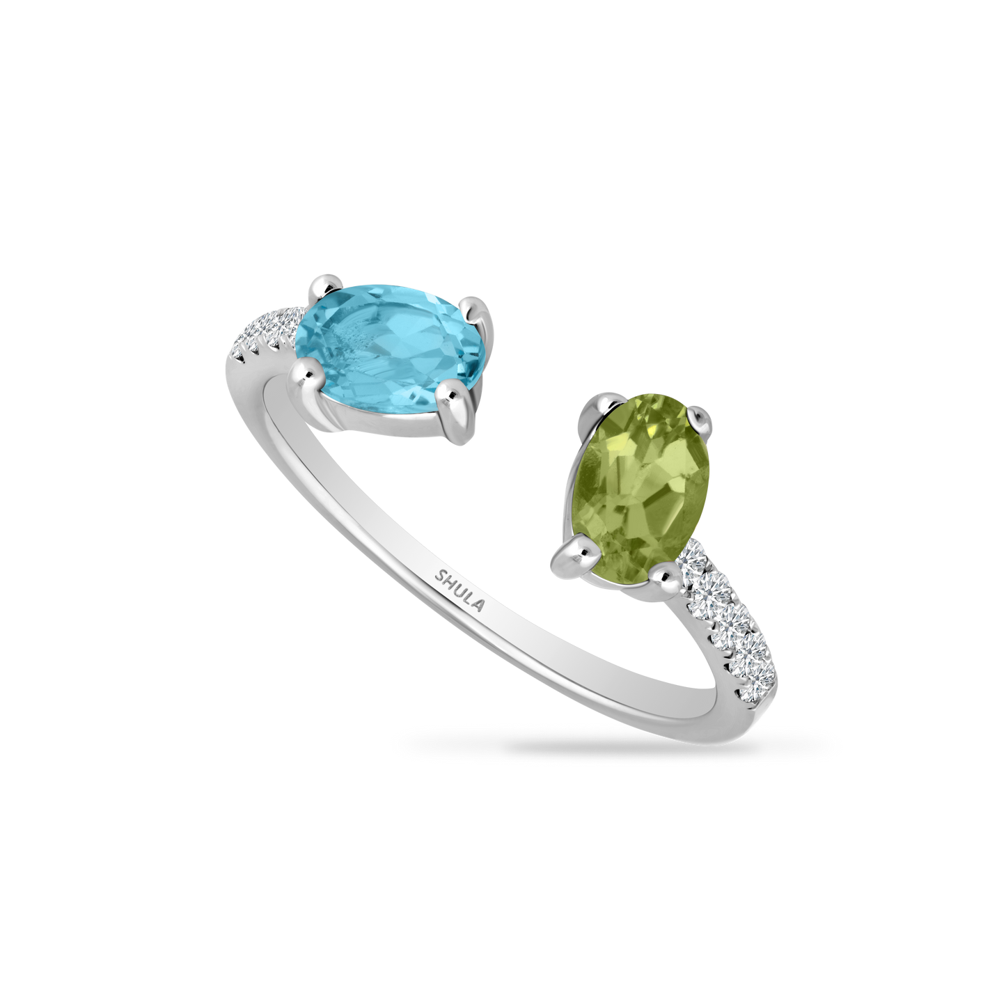 14K OPEN RING WITH 9 DIAMONDS 0.16CT & 2 OVAL COLORED SAPPHIRES 1.15CT