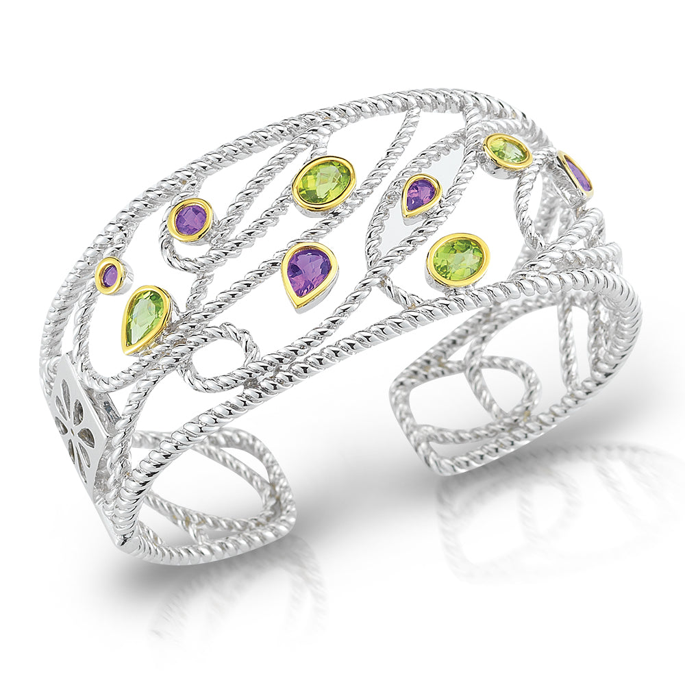 STERLING SILVER AND 14K CUFF WITH AMETHYST AND PERIDOT