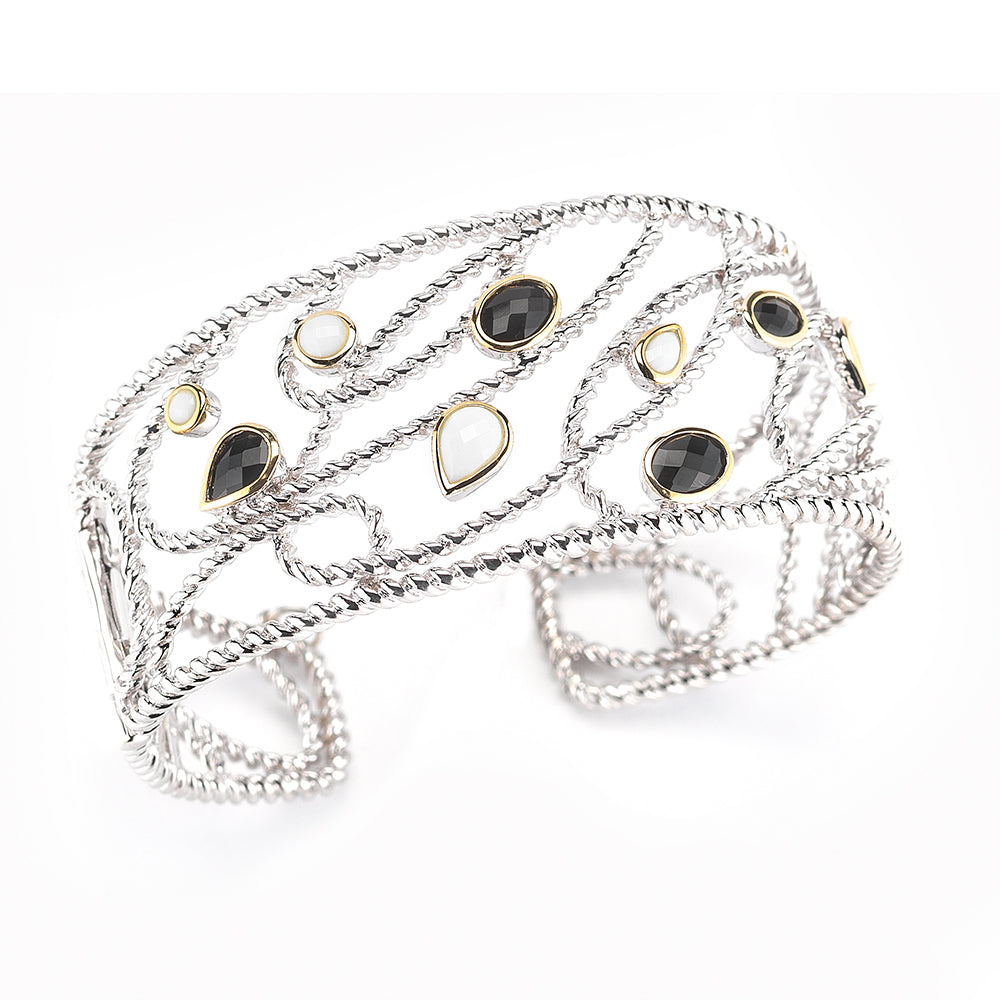 STERLING SILVER AND 14K BANGLE WITH BLACK ONYX AND WHITE AGATE