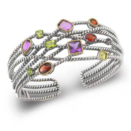 STERLING SILVER AND 14K HINGED CUFF SET WITH SEMI PRECIOUS STONES
