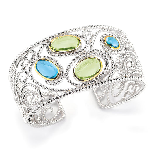 STERLING SILVER AND 14K BANGLE WITH GREEN AMETHYST AND BLUE TOPAZ STONES
