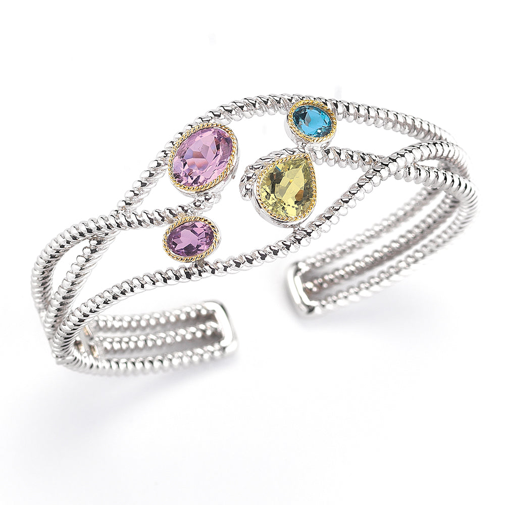 STERLING SILVER AND 14K BANGLE WITH SEMI-PRECIOUS STONE