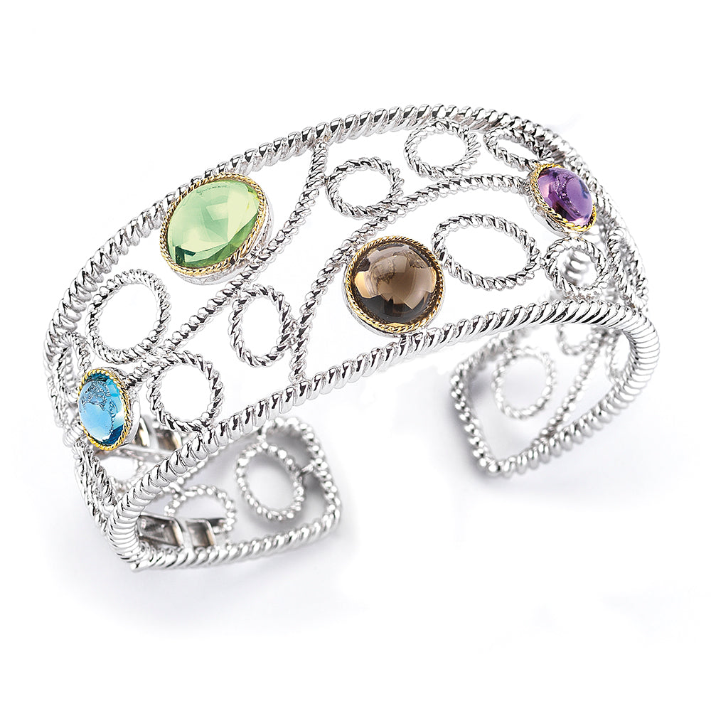 STERLING SILVER AND 14K BANGLE WITH SEMI-PRECIOUS STONES
