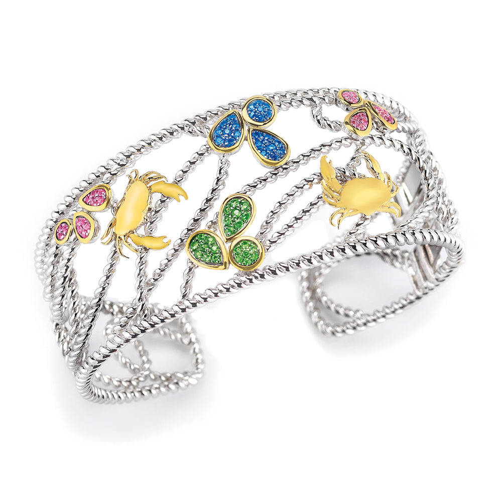 STERLING SILVER AND 14K YELLOW GOLD SAPPHIRE CRAB BANGLE 1" WIDE ON TOP