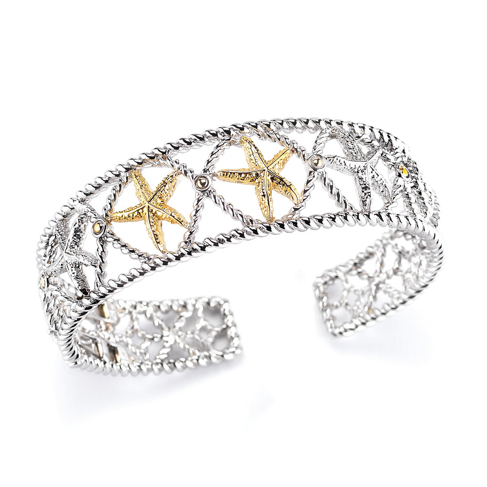 STERLING SILVER BANGLE WITH 14K STARTISH DETAILS, 3/4" WIDE ON TOP