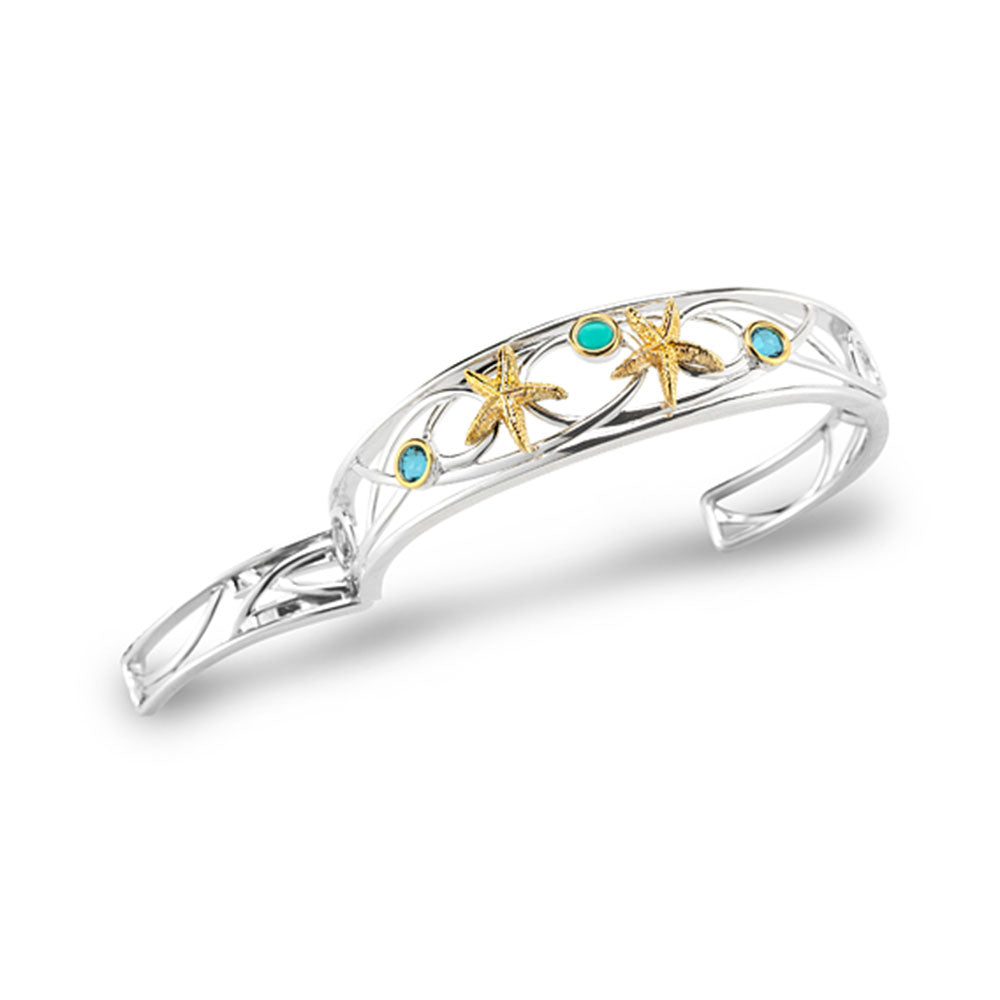 STERLING SILVER AND 14K STARFISH HINGED CUFF WITH SEMI-PRECIOUS STONES 1/2" WIDE ON TOP