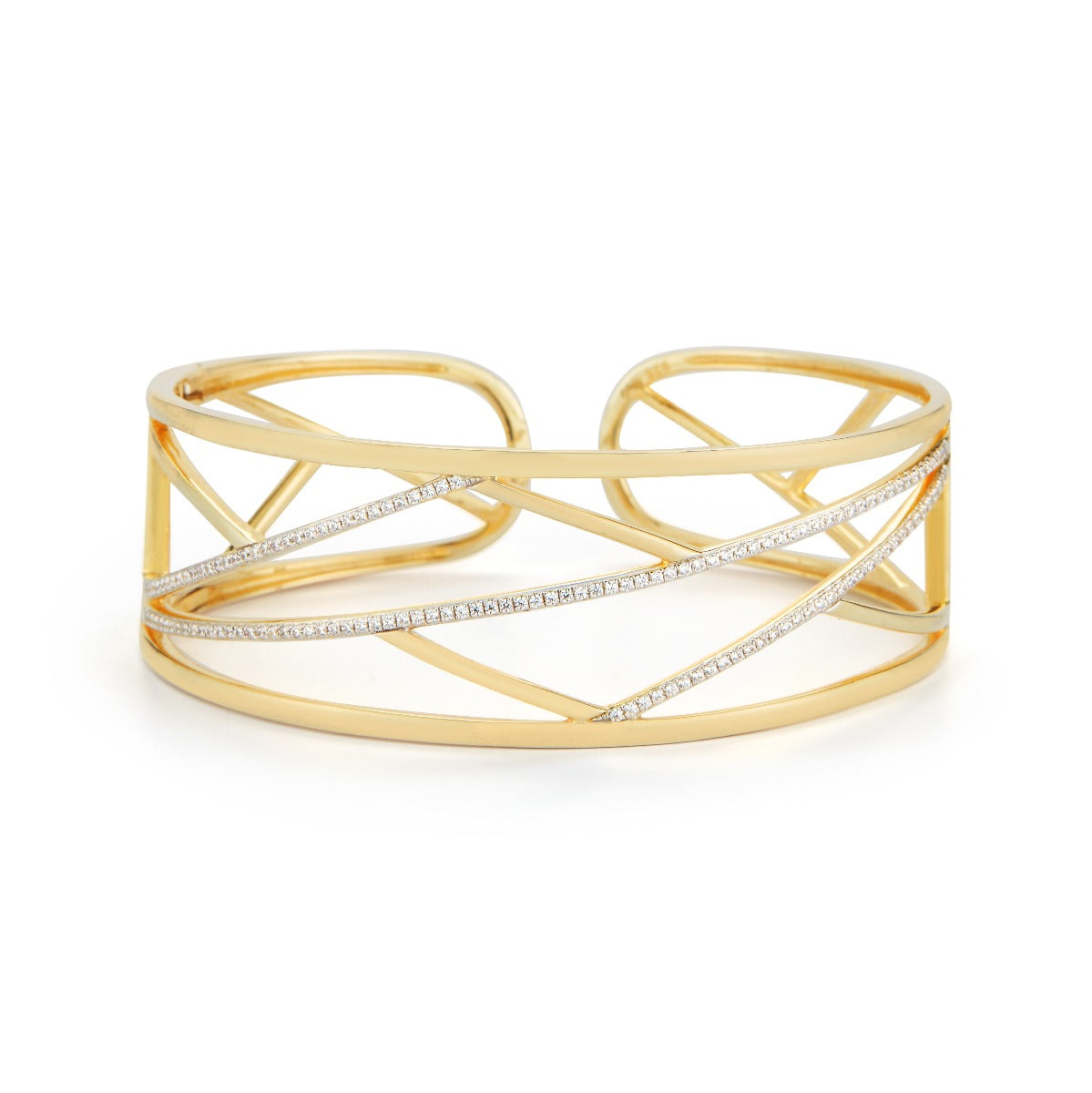14K GEOMETRIC SHAPED CUFF WITH A HINGE. SET WITH DIAMONDS 0.73CT