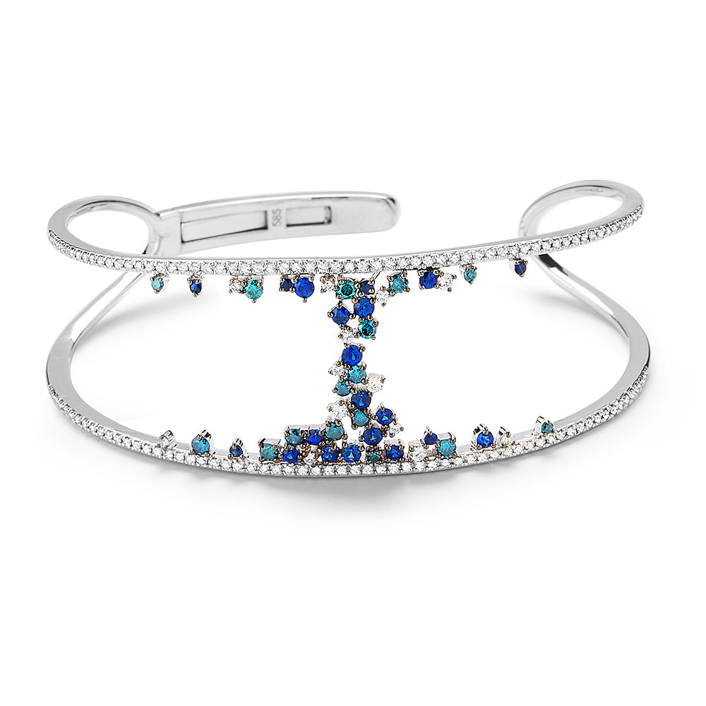 BEAUTIFUL OPEN DESIGN 14K BLUE & WHITE DIAMONDS 1.24CT & BLUE SAPPHIRE 0.67CT BANGLE