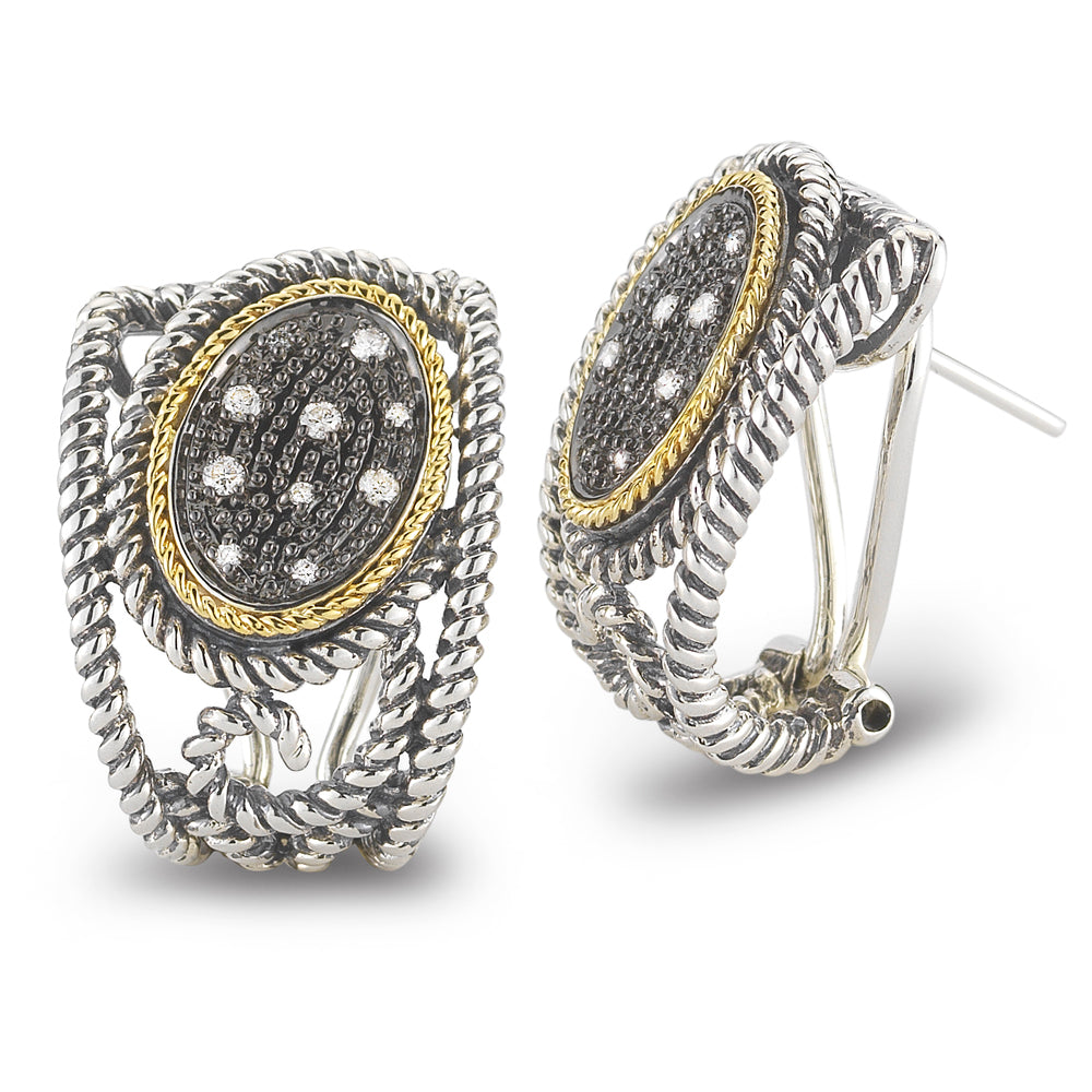 STERLING SILVER AND 14K DIAMOND POST AND CLIP EARRINGS. SET IN BLACK RHODIUM