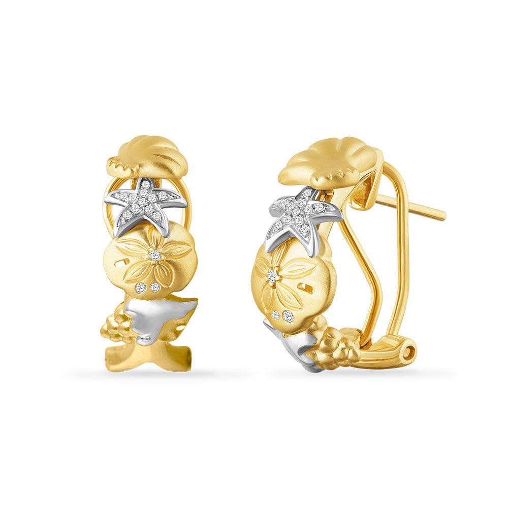 14K SEA OF LIFE 20MM LONG HOOP EARRINGS WITH 28 DIAMONDS 0.10CT