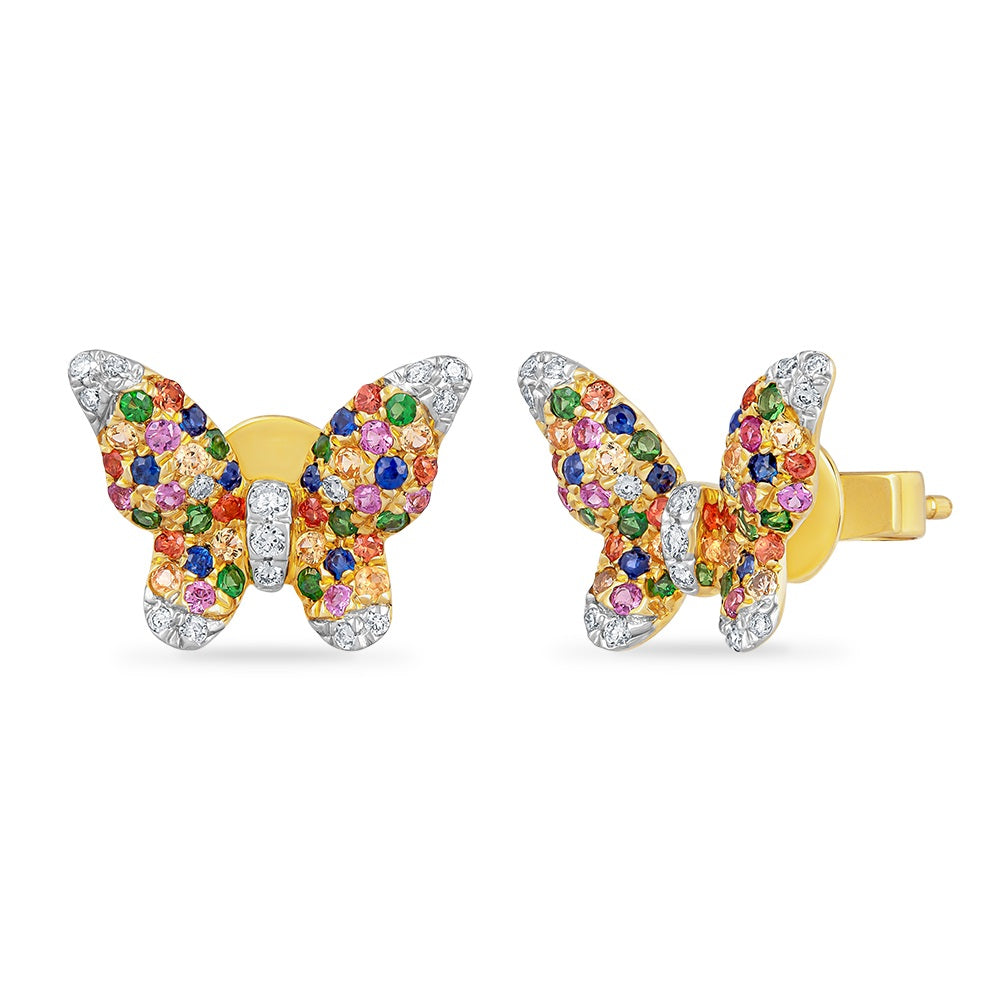 14K BUTTERFLY EARRINGS WITH 84 FANCY SAPPHIRES 0.63CT & 30 DIAMONDS 0.14CT