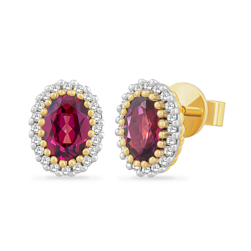 14K OVAL GARNET EARRINGS SURROUNDED BY 40 DIAMONDS 0.13CT