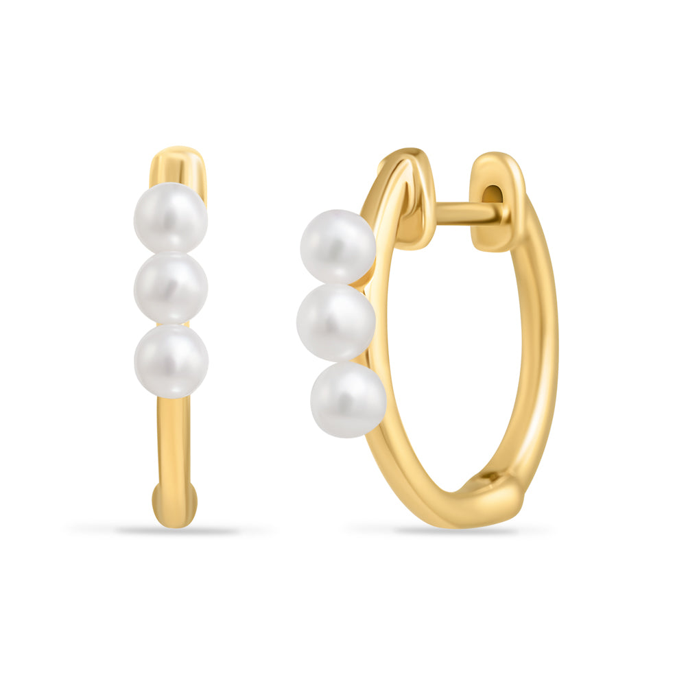 14K SMALL HOOP EARRINGS WITH 6 PEARL , 14MM DIAMETER