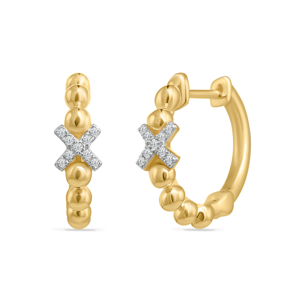 14K SMALL X HOOP WITH 18 DIAMONDS 0.06CT, 14MM DIAMETER