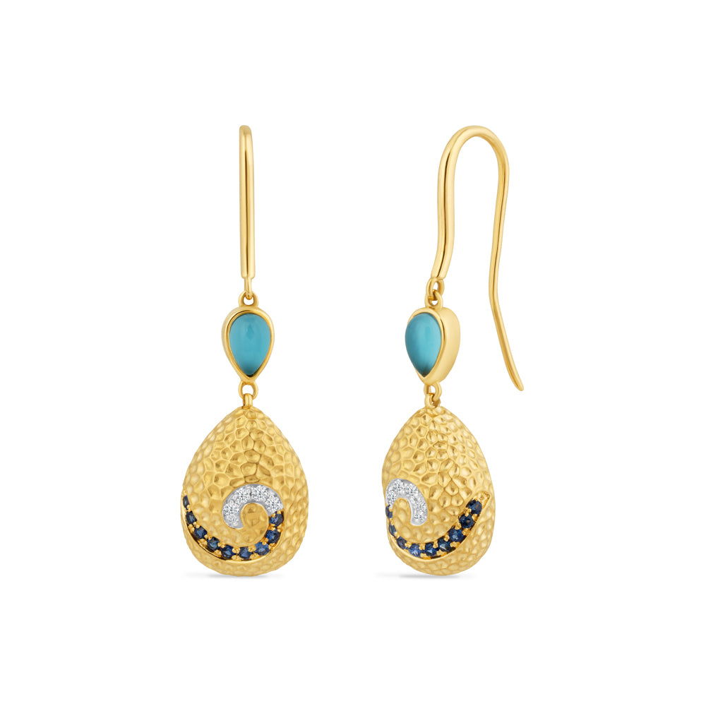 14K 16MM WIRE DANGLE EARRING SET WITH 18 BLUE SAPPHIRES 0.19CT ,8 DIAMONDS 0.07CT AND A TURQ AND CRYSTAL QUARTZ DOUBLET 2K