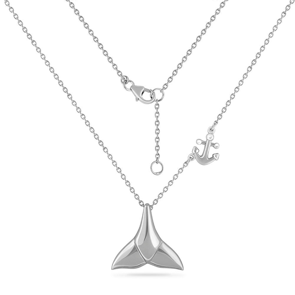 STERLING SILVER WHALE TAIL NECKLACE WITH SMALL ANCHOR DETAIL ON 18 INCHES SILVER CHAIN