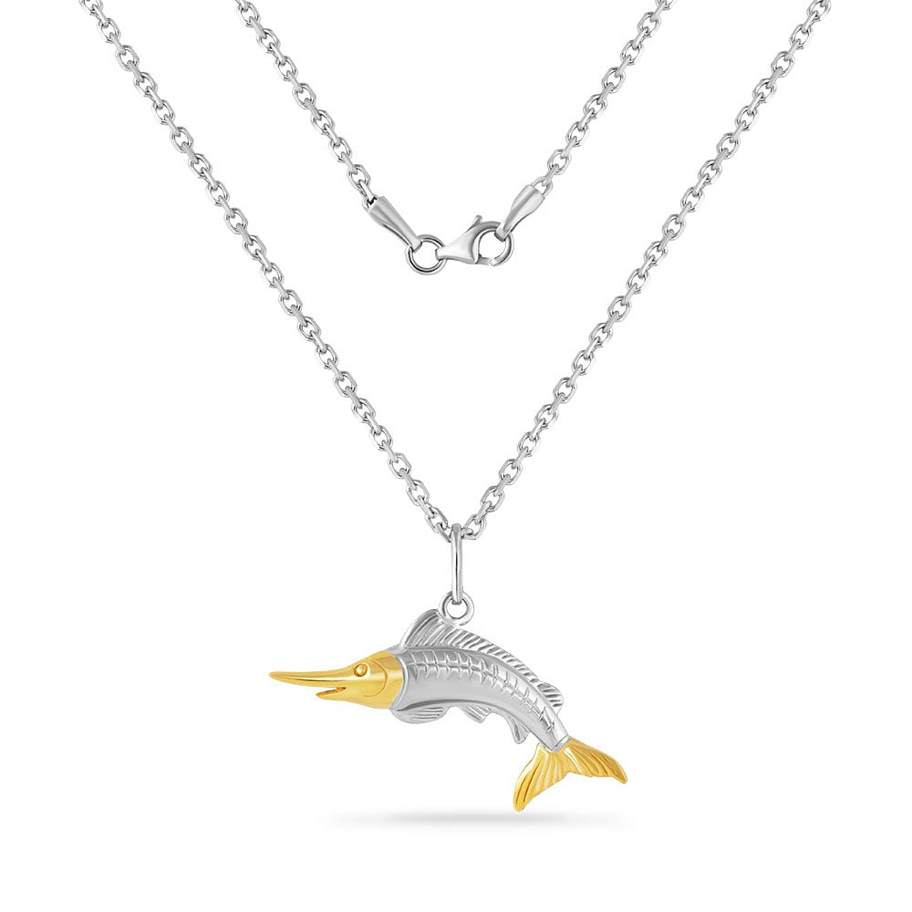 STERLING SILVER AND 14K MARLIN PENDANT ON 18 INCHES SILVER CHAIN