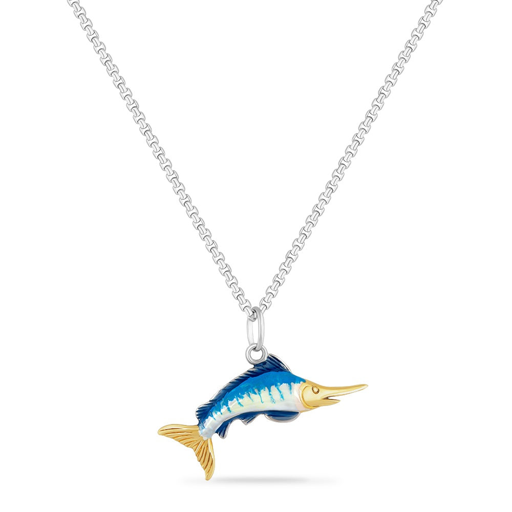 STERLING SILVER AND 14K MARLIN WITH ENAMEL ON 18 INCHES SILVER CHAIN