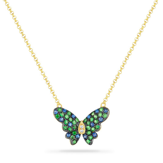 14K BUTTERFLY NECKLACE WITH 14 BLUE SAPPHIRES 0.17CT, 2 DIAMONDS 0.01CT & 30 GREEN GARNET 0.36CT 18 INCHES CABLE CHAIN