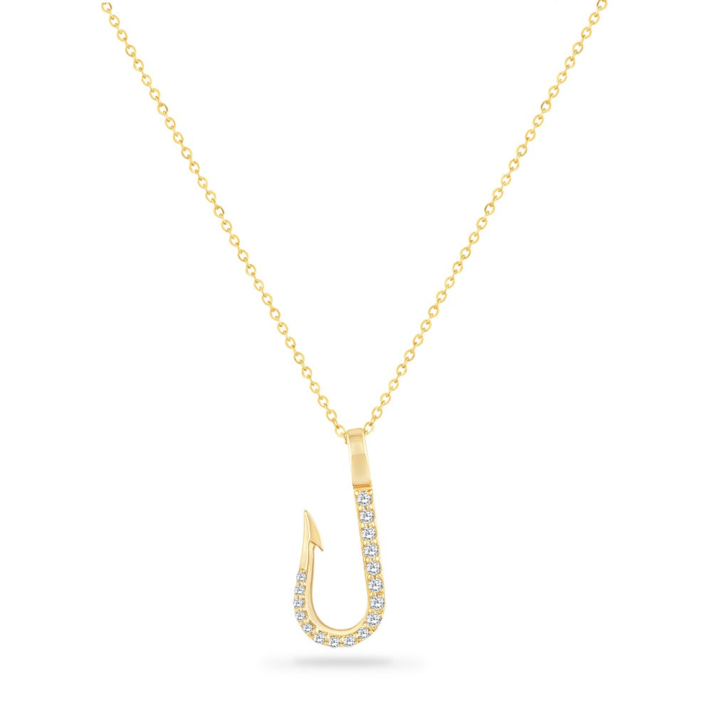 14K FISH HOOK NECKLACE WITH 17 DIAMONDS 0.14CT ON 18 INCHES CHAIN, HOOK LENGTH 21MM BY 8.8MM WIDTH