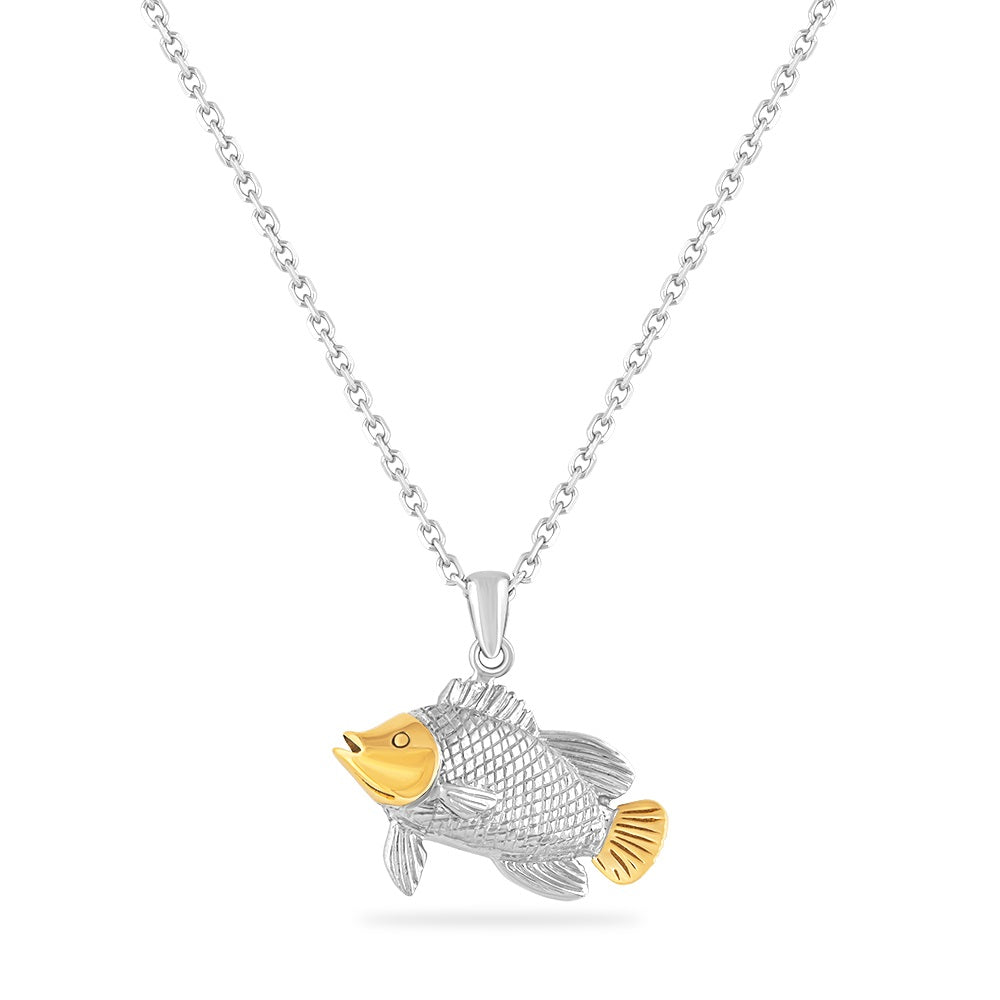 STERLING SILVER AND 14K TRIPLE TAIL FISH PENDANT ON 18 INCHES SILVER CHAIN