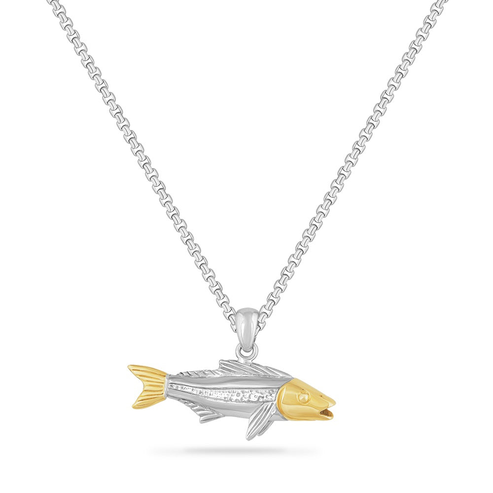 STERLING SILVER AND 14K SNOOK FISH PENDANT ON A 18 INCHES SILVER CHAIN