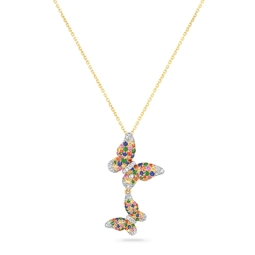 14K DOUBLE BUTTERFLY NECKLACE WITH  FANCY SAPPHIRE 0.45CT, DIAMONDS 0.20CT & GREEN GARNET 0.57CT 18 INCHES CHAIN