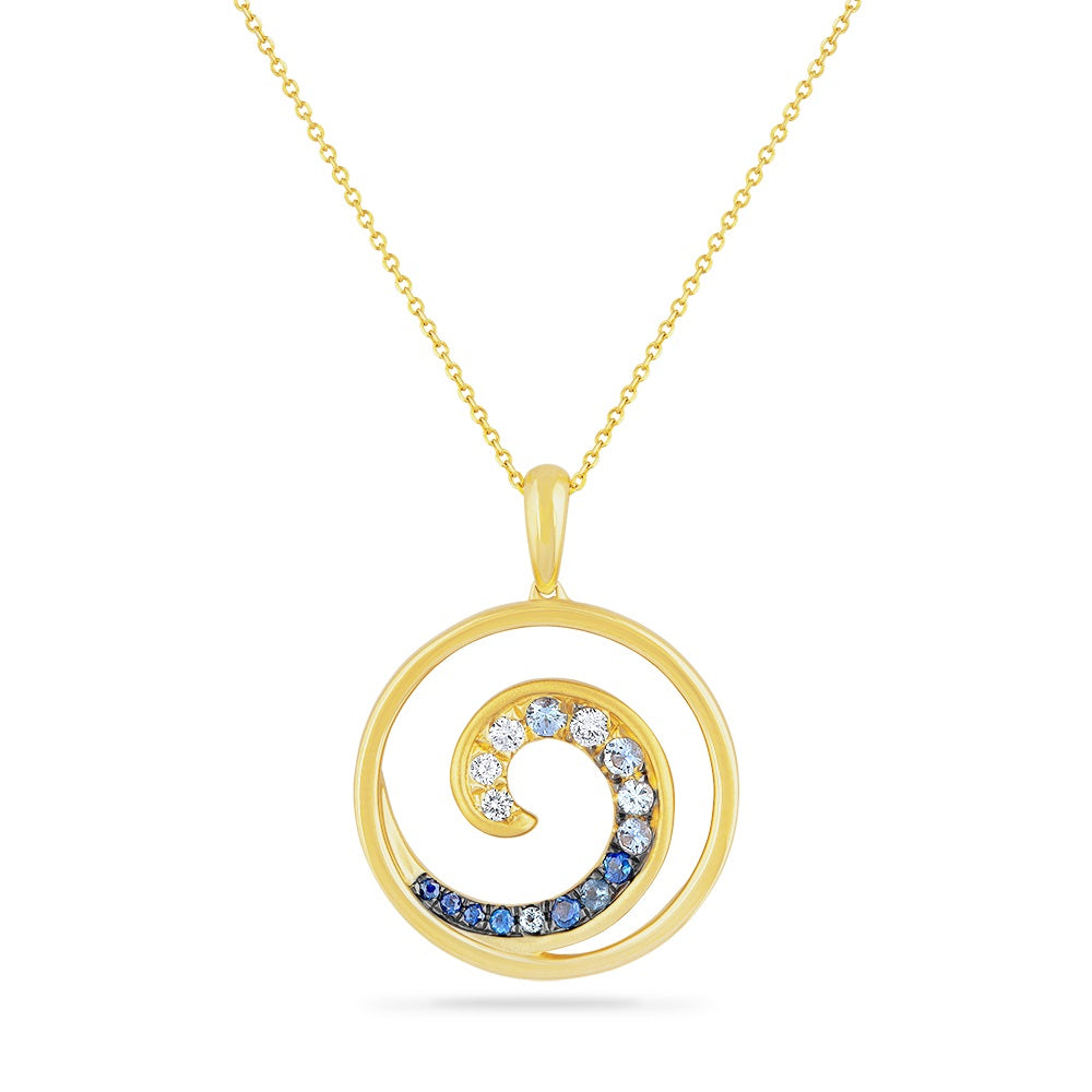 14K WAVE PENDANT 4 DIAMONDS 0.08CT & 12 SAPPHIRES 0.22CT ON 18 INCH CHAIN