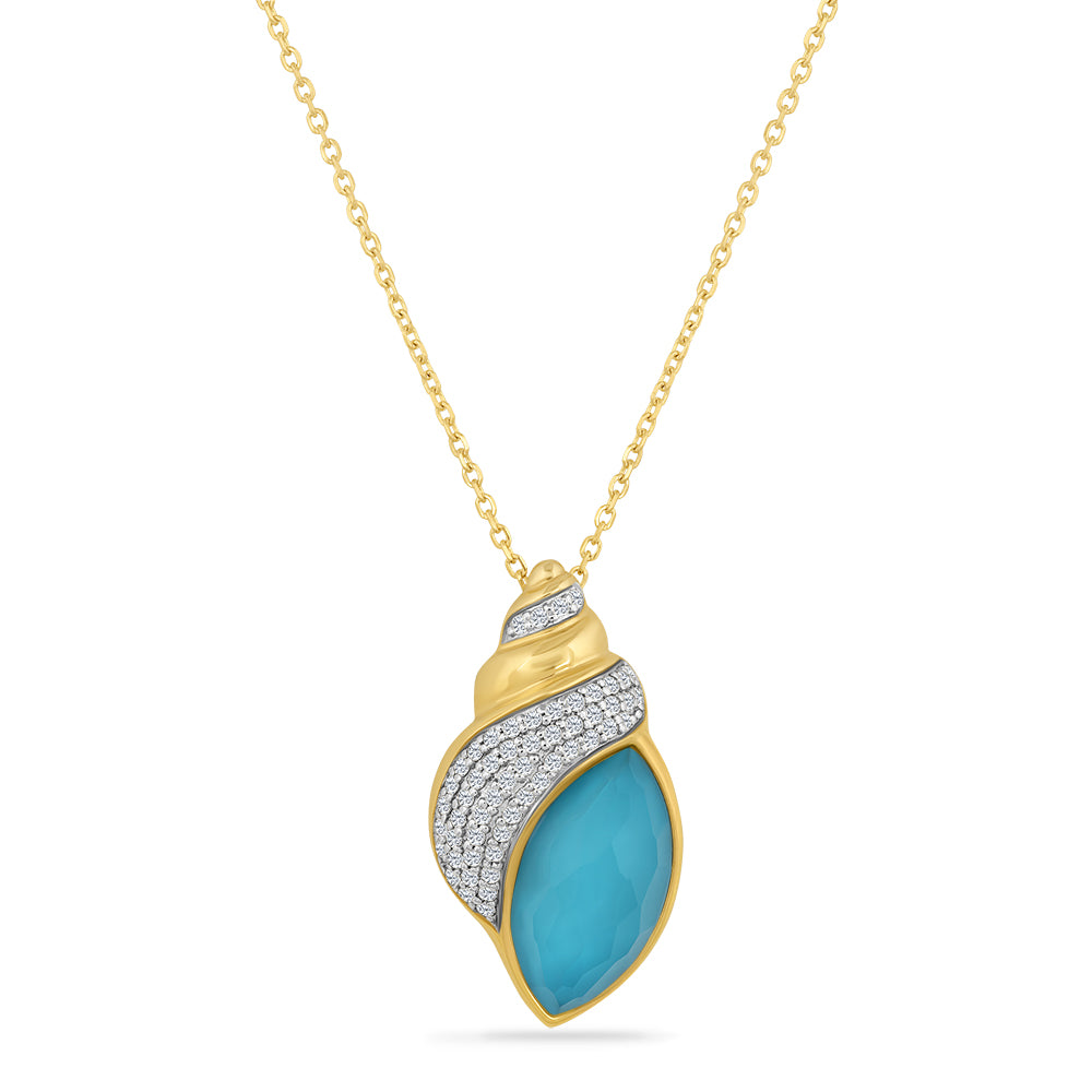 14K SHELL PENDANT WITH DOUBLET RECON TURQUOISE WITH CLEAR QUARTZ ON TOP AND 55 DIAMONDS 0.24CTON 18 INCHES CABLE CHAIN
