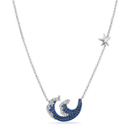 14K WAVE PENDANT WITH 50 SAPPHIRES 0.74CT & 49 DIAMONDS 0.29CT ON 18 INCHES CHAIN
