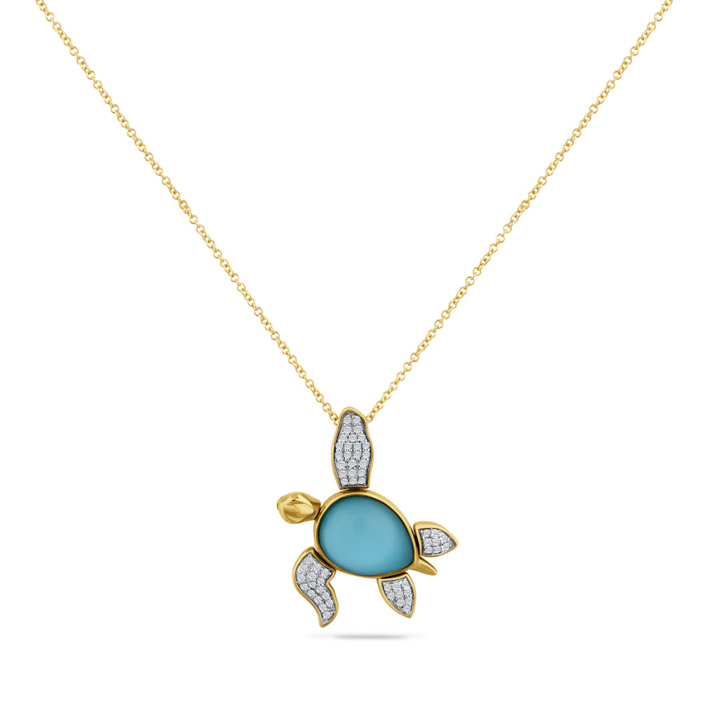 14K TURTLE PENDANT WITH 57 DIAMONDS 0.259CT, DOUBLET IN CRYSTAL & RECON TURQUOISE ON 18 INCHES CABLE CHAIN