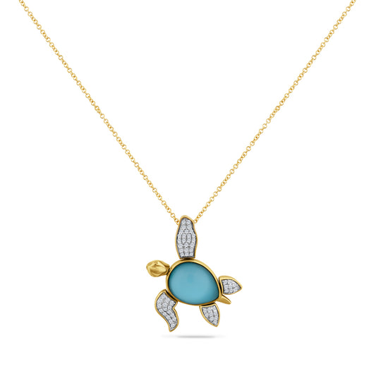 14K TURTLE PENDANT WITH 57 DIAMONDS 0.259CT, DOUBLET IN CRYSTAL & RECON TURQUOISE ON 18 INCHES CABLE CHAIN