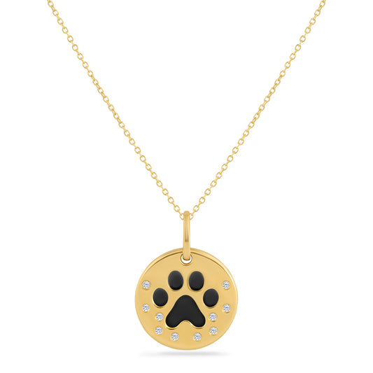 14K DOG PAW PENDANT WITH 10 DIAMONDS 0.07CT & ENAMEL ON 18 INCHES CABLE CHAIN