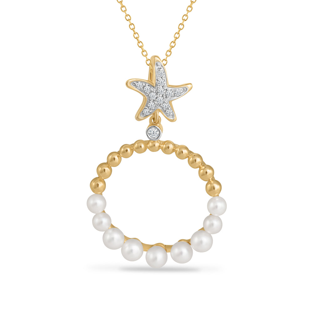 14K ROUND 9 PEARLS & STARFISH PENDANT WITH 14 DIAMONDS 0.05CT ON 18 INCH CHAIN