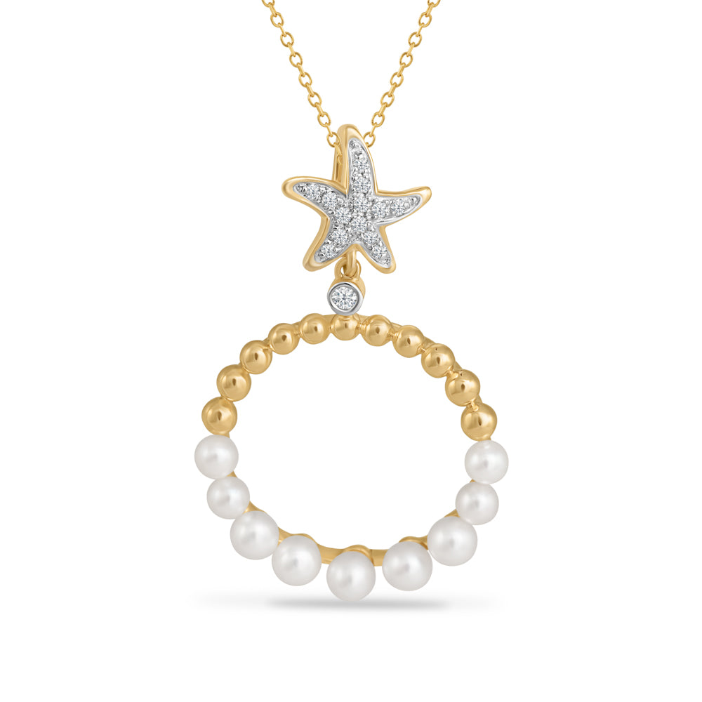 14K ROUND 9 PEARLS & STARFISH PENDANT WITH 14 DIAMONDS 0.05CT ON 18 INCH CHAIN