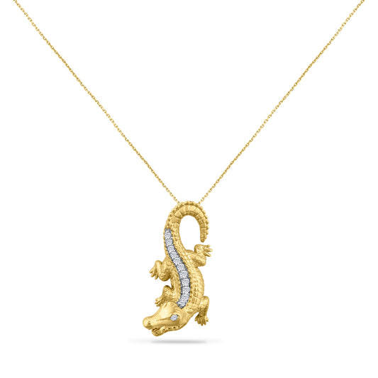 14K ALLIGATOR PENDANT WITH DIAMONDS 0.17CT, 28MM LONG ON 18 INCHES CABLE CHAIN