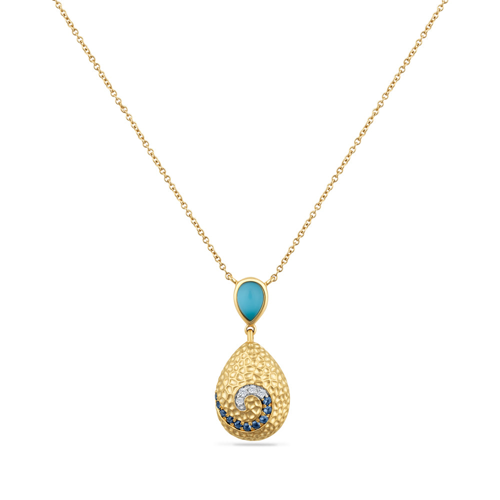 14K PEAR SHAPED PENDANT SET WITH A DOUBLET RECON TURQUOISE AND CLEAR QUARTZ, SAPPHIRES AND DIAMONDS ON 18 INCHES CABLE CHAIN