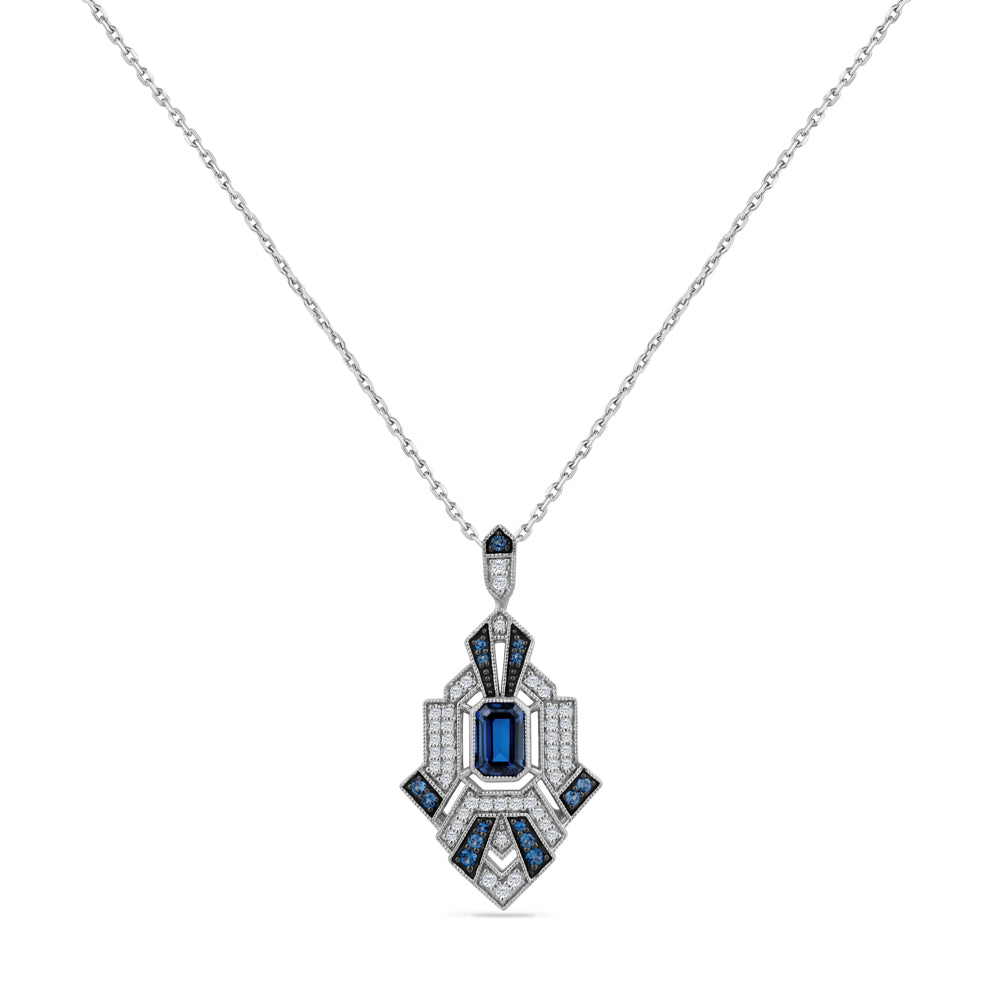 14K PENDANT WITH 0.20CT DIAMONDS, CENTRAL EMERALD SAPPHIRE AND ROUND SAPPHIRES ON 18 INCHES CURB LINK CHAIN