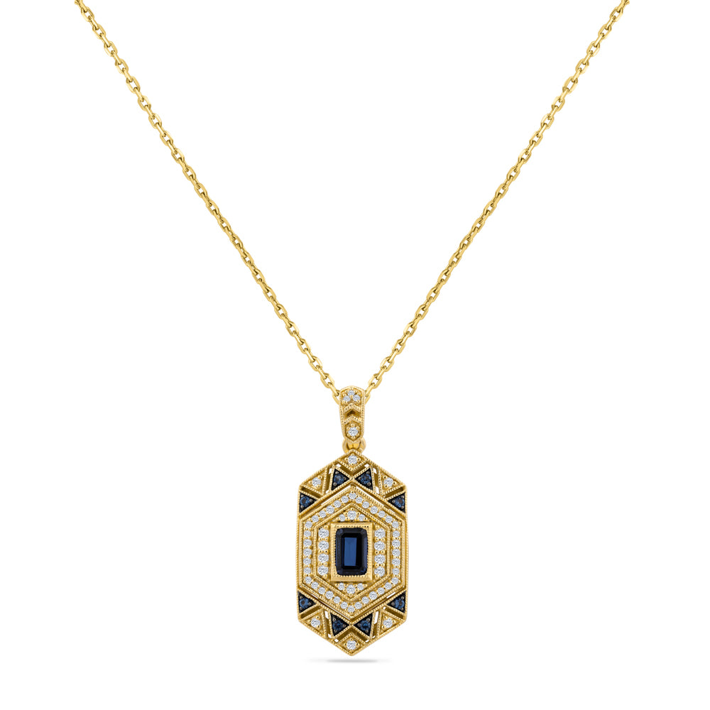 14K PENDANT WITH 0.33CT DIAMONDS, 1 CENTER EMERALD SAPPHIRE 0.70CT AND ROUND SAPPHIRES 0.08CT ON 18 INCHES CURB LINK CHAIN