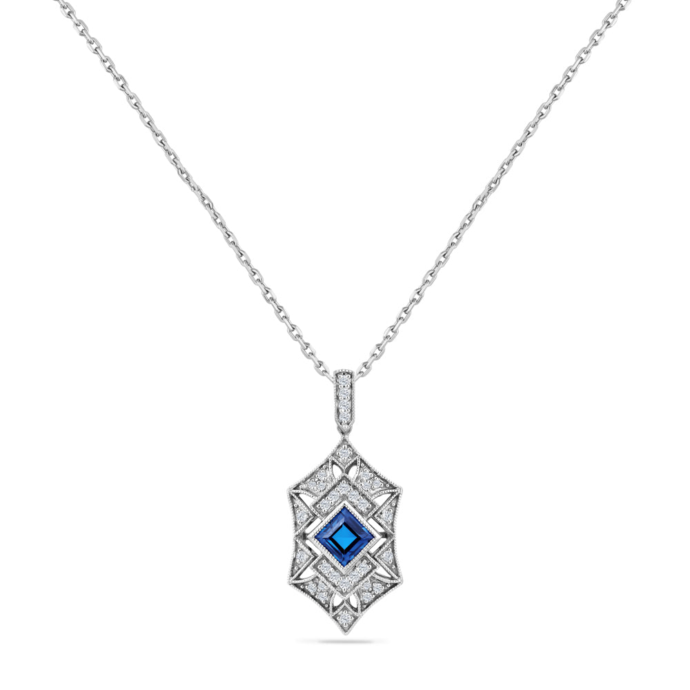 14K NECKLACE WITH 0.20CT DIAMOND PENDANT AND 1 CENTER BLUE SAPPHIRE 0.90CT ON 18 INCHES CURB LINK CHAIN