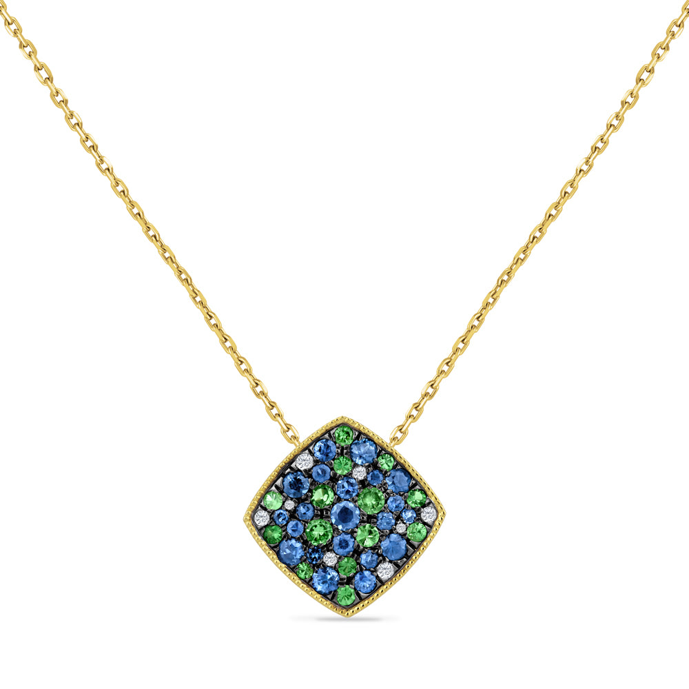 14K COLORFUL PENDANT WITH DIAMONDS , ROUND SAPPHIRES AND ROUND GREEN GARNETS ON 18 INCHES CABLE CHAIN