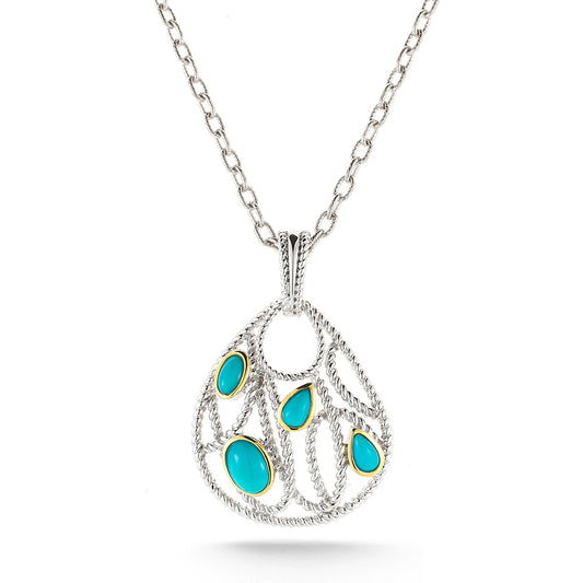 STERLING SILVER AND 14K PEAR SHAPED PENDANT WITH RECON TURQUOISE ON 18 INCHES CHAIN