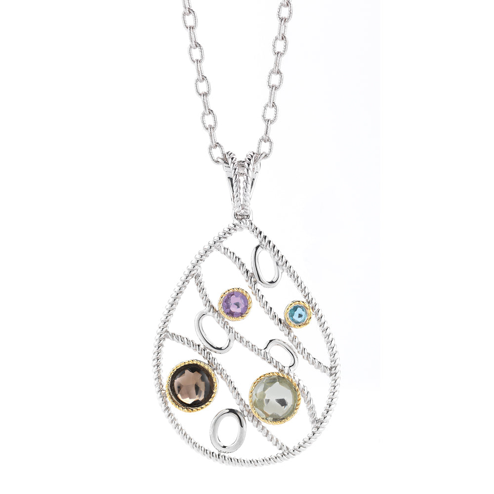STERLING SILVER AND 14K PENDANT WITH SEMI-PRECIOUS STONES ON 18 INCHES CHAIN