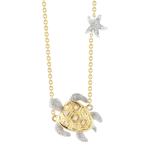 14K TURTLE DIAMOND NECKLACE WITH DELICATE STAR SUSPENDED ON 18 INCHES CABLE CHAIN