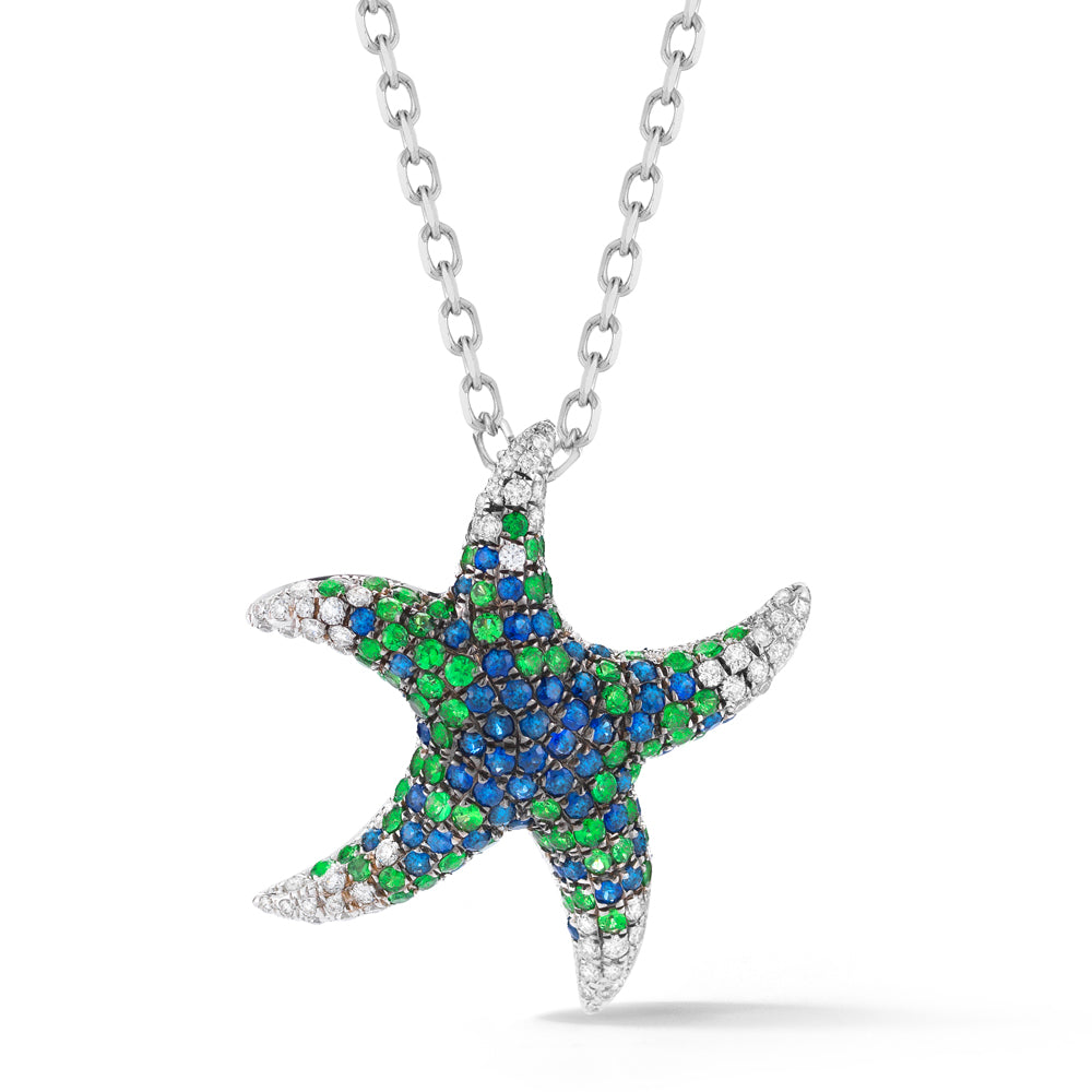14K STARFISH PENDANT IN BLUE SAPPHIRES & DIAMONDS 3/4 ON 18 INCHES CABLE CHAIN